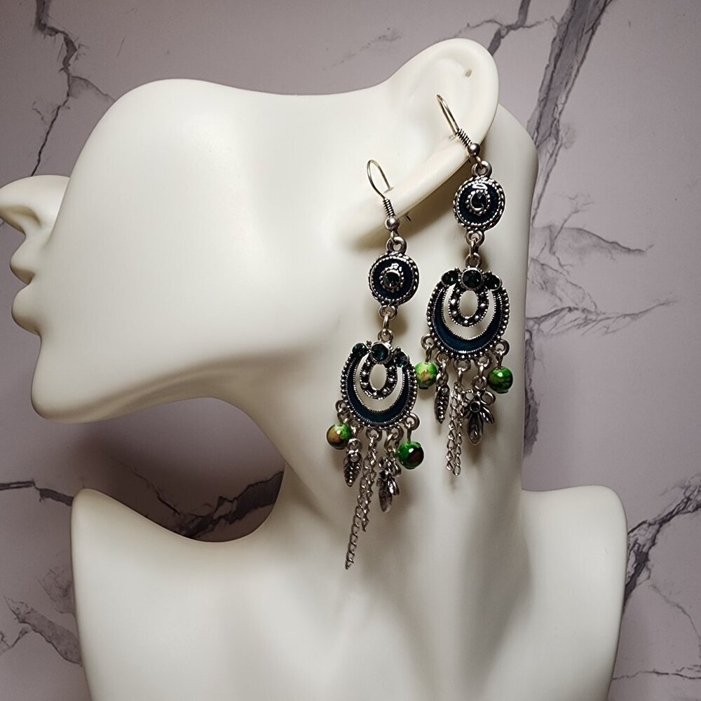 Fashion Green Rhinestone Long Dangle Earrings